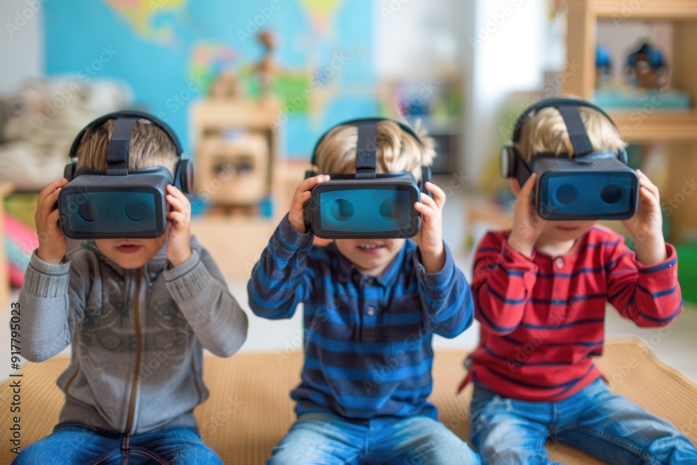 Three boys in virtual reality glasses in a children's room. horizontal Three boys in virtual reality glasses in a children's room. horizontal