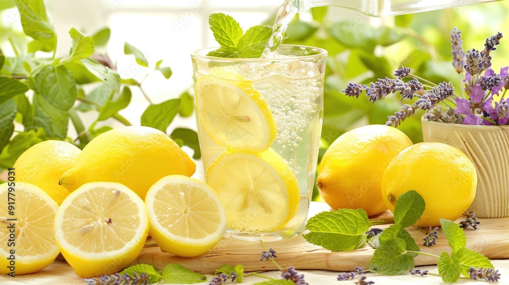Pitcher of water with lemons, lavender, & lemon slices on table next to lemons & lavender Pitcher of water with lemons, lavender, & lemon slices on table next to lemons & lavender