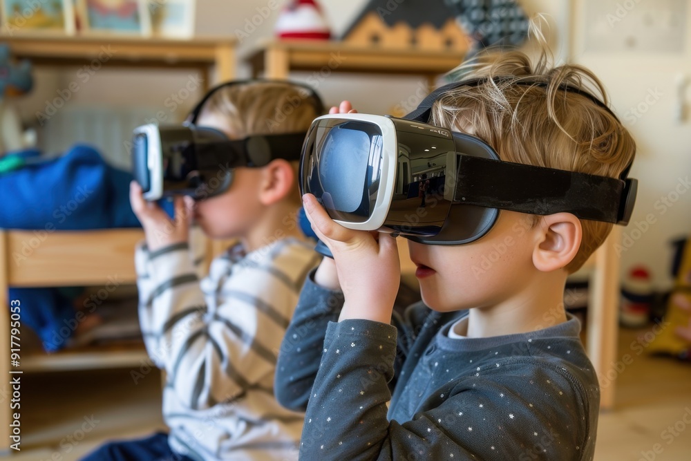 two Boys in virtual reality glasses in a children's room with blue walls. horizontal two Boys in virtual reality glasses in a children's room with blue walls. horizontal