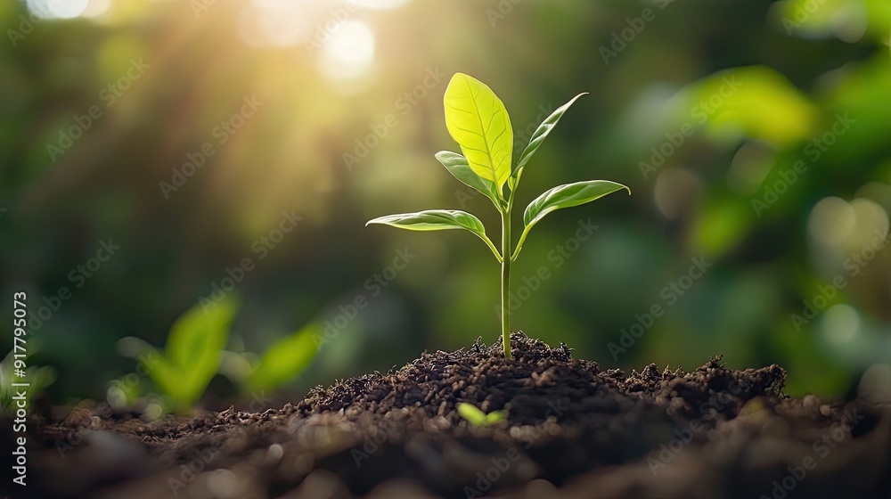 Young Plant Sprouting Through Soil in Sunlight Young Plant Sprouting Through Soil in Sunlight