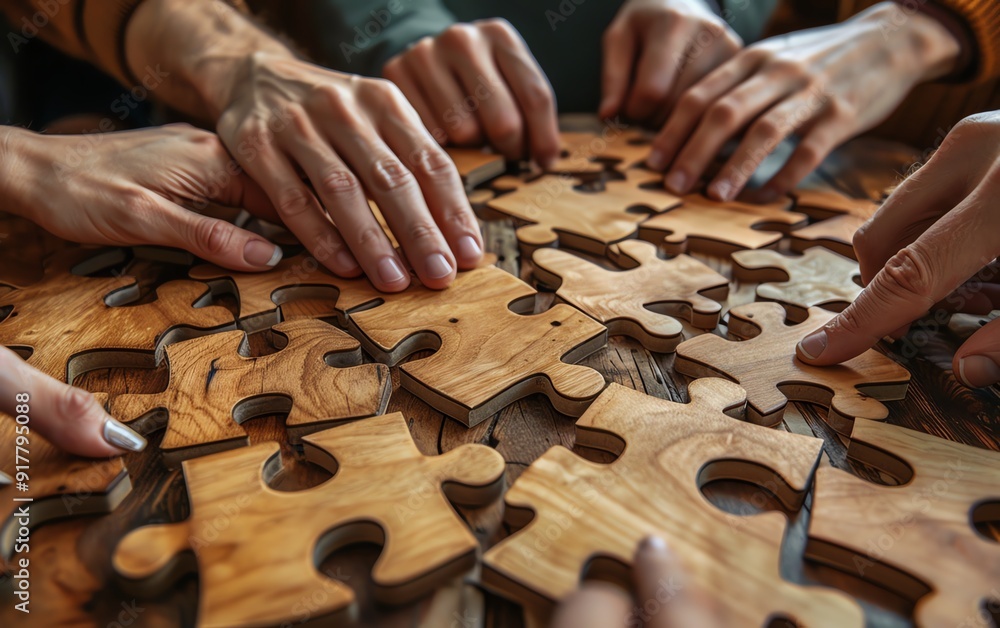 Creative business team tackling problems, young individuals with wooden puzzle pieces, bottom view closeup of hands, united teamwork spirit