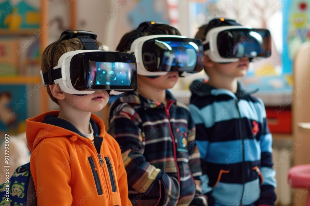Three boys in virtual reality glasses in a children's room. Three boys in virtual reality glasses in a children's room.