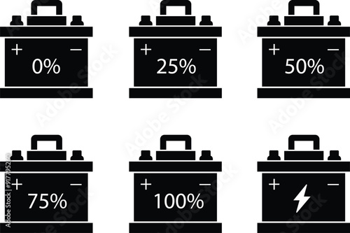 Car battery icons Set. Energy power accumulator with 0%, 25%, 50%, 75%, 100%. Electric auto lithium iron storage battery in black filled styles. Automotive charge signs on transparent background.