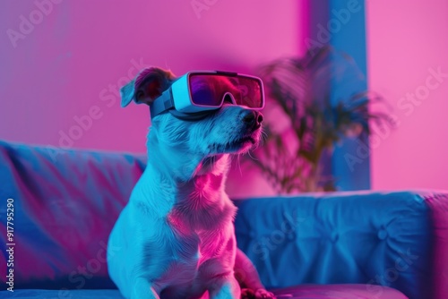 A dog wearing virtual reality glasses sits on a sofa in a blue and purple room. Copy spase