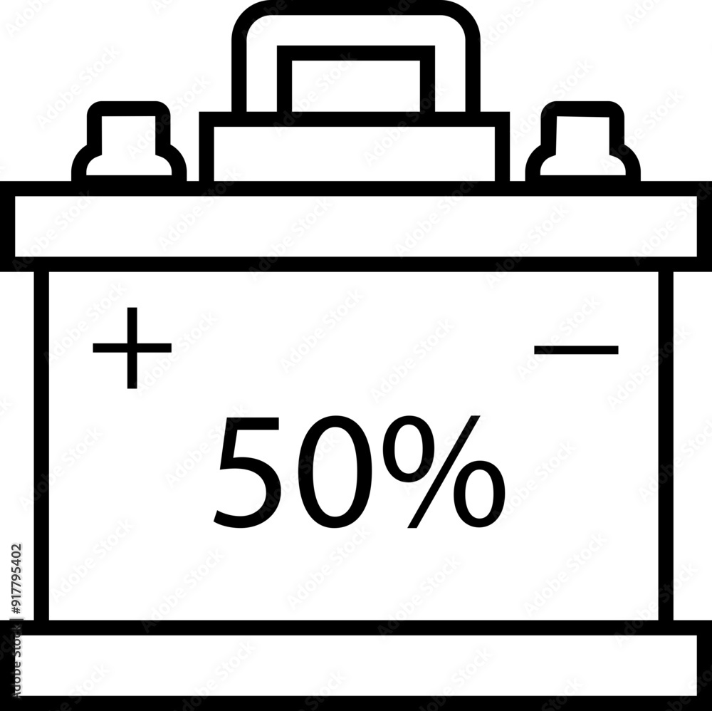 Car battery icon with 50%. Energy power accumulator. Automotive charge sign. Auto battery symbol isolated on transparent background. Electric auto lithium iron storage battery in black Outline style. Car battery icon with 50%. Energy power accumulator. Automotive charge sign. Auto battery symbol isolated on transparent background. Electric auto lithium iron storage battery in black Outline style.