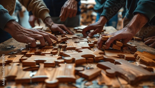 Collaborative business team problemsolving, young adults with wooden puzzle parts, bottom view closeup of hands, teamwork in action
