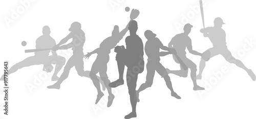 Silhouette baseball or softball player set. Active sports people healthy players fitness silhouettes concept.