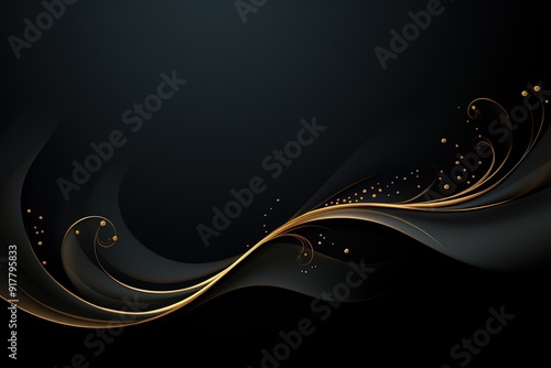 Abstract black background with gold swirls and dots.