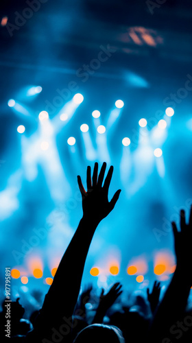 A vibrant music concert scene with raised hands under colorful stage lights, capturing the energy and excitement of live performance.