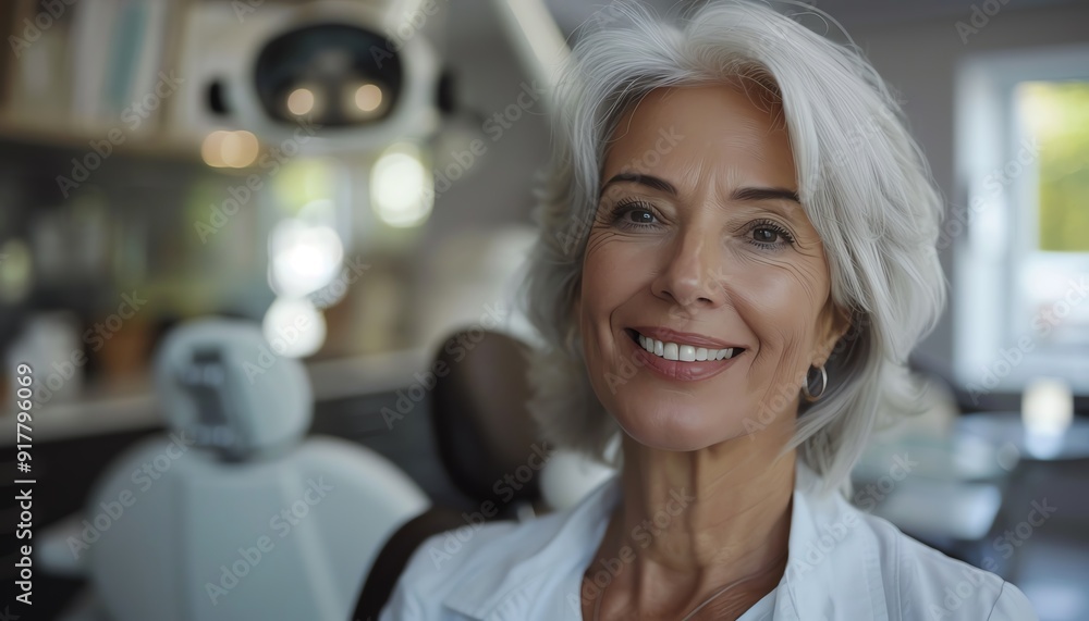 Happy senior woman at dental clinic, looking at camera, positive experience, modern dentist office, content patient Happy senior woman at dental clinic, looking at camera, positive experience, modern dentist office, content patient