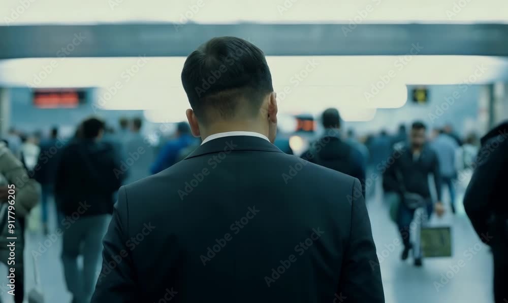 Rear view of a businessman in the hallway of a modern office building Rear view of a businessman in the hallway of a modern office building