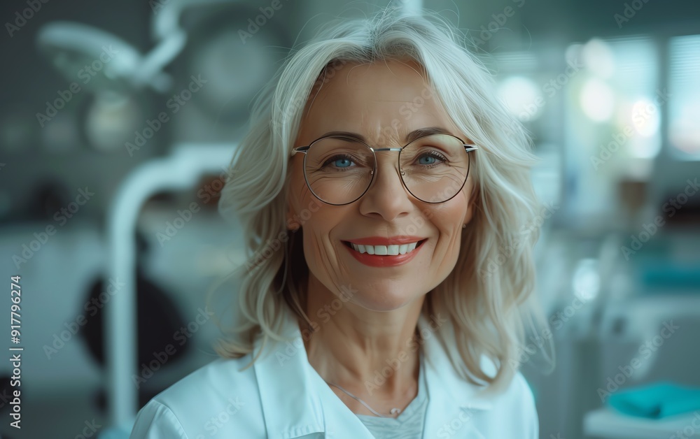 Content senior woman at dentists office, smiling at camera, clean dental clinic, professional setting, positive experience Content senior woman at dentists office, smiling at camera, clean dental clinic, professional setting, positive experience