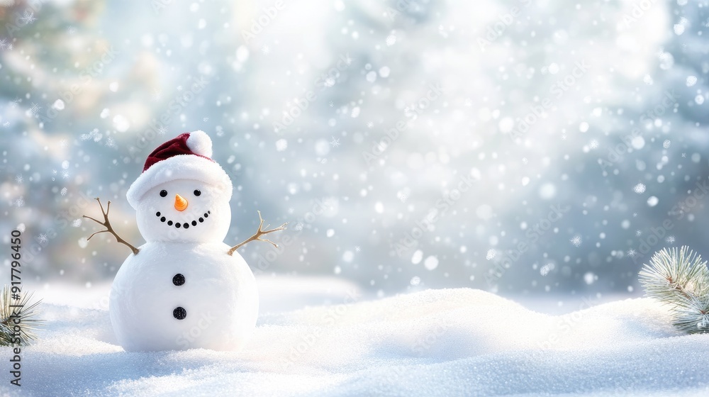 Happy snowman standing in christmas landscape. Snow background with copy space Happy snowman standing in christmas landscape. Snow background with copy space