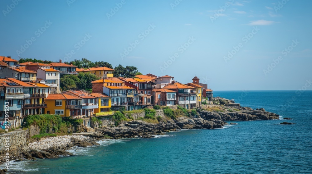 Obraz premium A picturesque coastal town, with vibrant houses along the shoreline and a clear blue sky above.