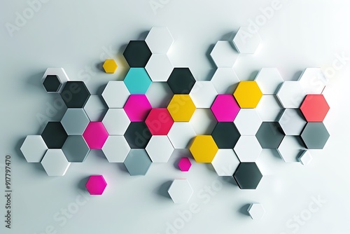 Dynamic hexagon grid, alternating bright and dark colors, floating on a minimalist white background. Precision patterns, abstract elegance