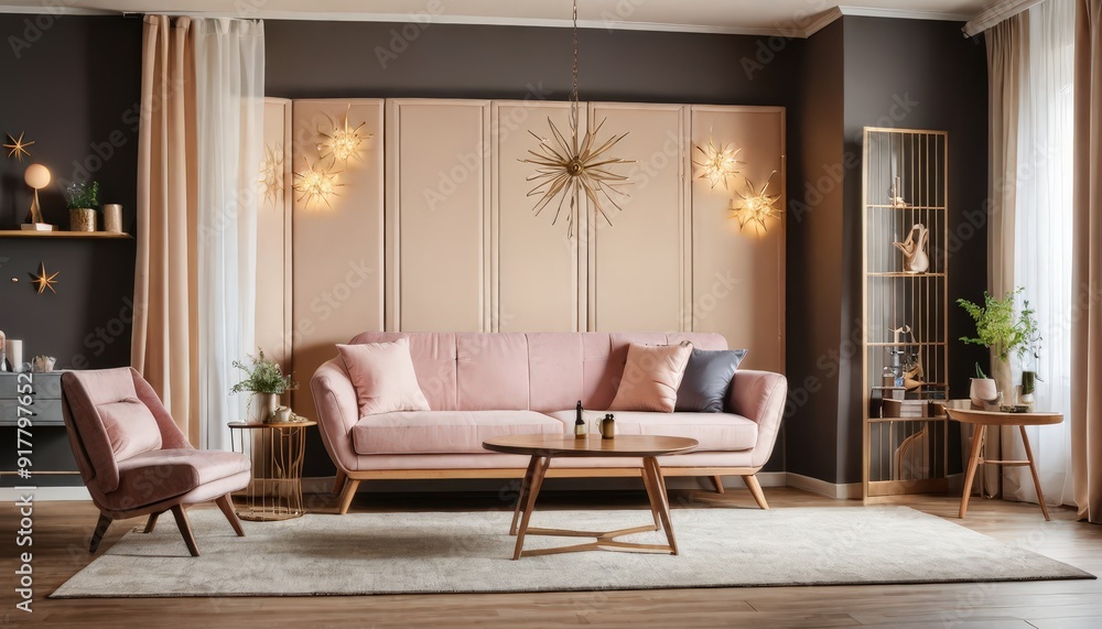 Modern Living Room Interior with Pink Sofa and Gold Accents. Modern Living Room Interior with Pink Sofa and Gold Accents.