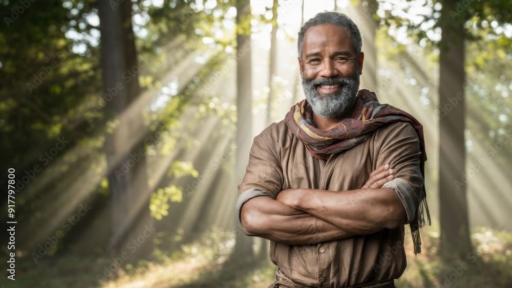 A man with a beard and scarf standing in front of trees, AI