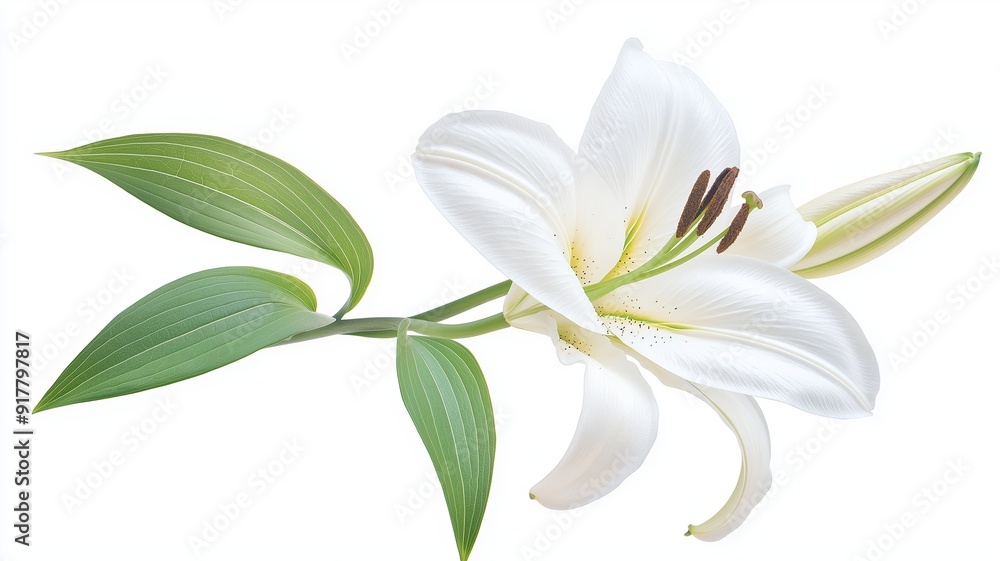 A white lily flower, purity symbol, pure white with green leaves, isolated on white background A white lily flower, purity symbol, pure white with green leaves, isolated on white background