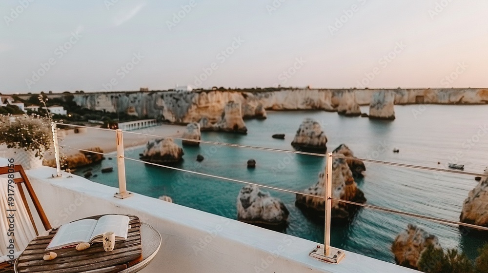 A wooden chair sits atop a balcony, overlooking a body of water with scattered rocks in the foreground A wooden chair sits atop a balcony, overlooking a body of water with scattered rocks in the foreground