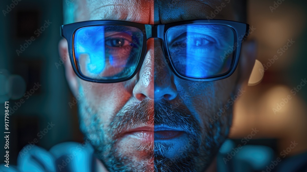 A man wearing blue light glasses stares intensely at a computer screen. His face is illuminated by the blue glow, creating a stark contrast. A man wearing blue light glasses stares intensely at a computer screen. His face is illuminated by the blue glow, creating a stark contrast.