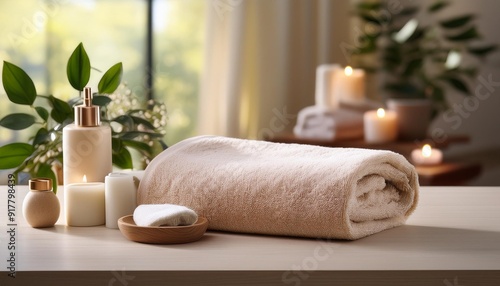 spa still life with candles, spa still life with towels, spa setting with candles, stack of towels, leather gloves isolated, black and white socks, soft beige spa towel isolated on white background