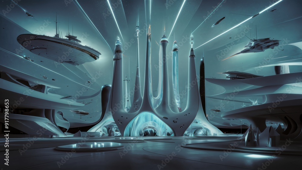 Fototapeta premium A futuristic building with a large dome and many lights, AI