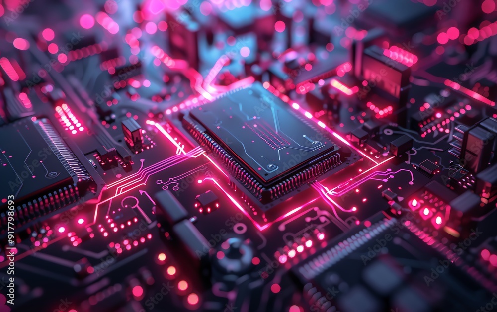 Realistic 8K graphic of an advanced chipset, intricate microchip patterns, neon lights, and hightech visual elements Realistic 8K graphic of an advanced chipset, intricate microchip patterns, neon lights, and hightech visual elements