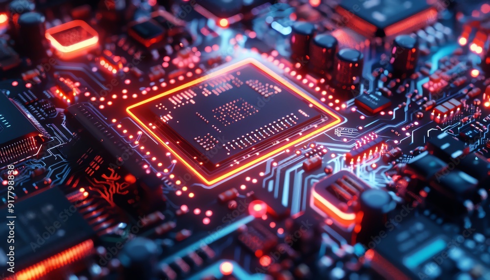 Stunning 8K image of an advanced chipset, cyberpunk aesthetic, neon lights, and highly detailed electronic components Stunning 8K image of an advanced chipset, cyberpunk aesthetic, neon lights, and highly detailed electronic components