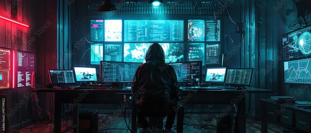 Hacker in a dark room, multiple screens, cyber war in progress, high resolution, 8K quality, realistic photography Hacker in a dark room, multiple screens, cyber war in progress, high resolution, 8K quality, realistic photography