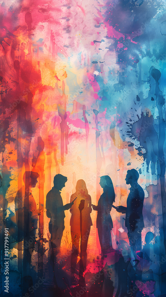 Watercolor Technology: People Interacting with Laptops in Business Setting Watercolor Technology: People Interacting with Laptops in Business Setting