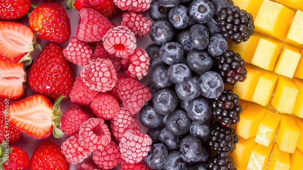 A close-up of a colorful array of fruits, featuring strawberries, blueberries, raspberries, and pineapples A close-up of a colorful array of fruits, featuring strawberries, blueberries, raspberries, and pineapples