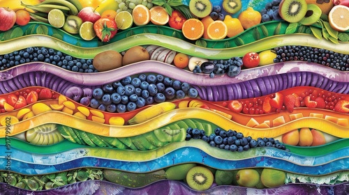   A vibrant painting of diverse fruits and veggies on a colorful, wavy wave of undulating lines in varied hues