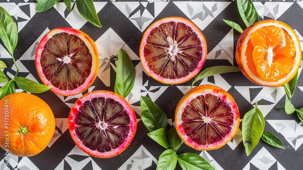 Fototapeta premium Grapefruits halved on a black-white cloth with surrounding greenery