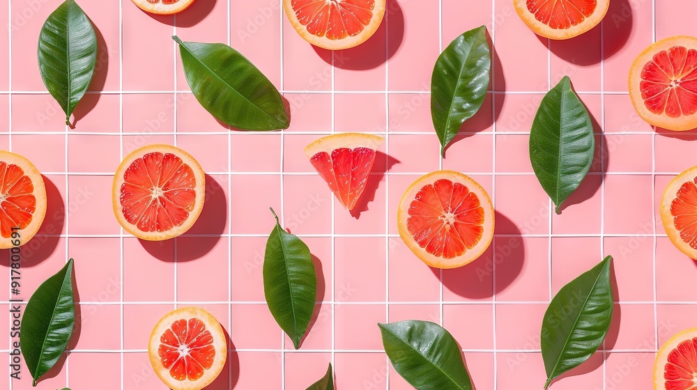 A collection of halved grapefruits arranged on a pink-tiled surface, adorned with green foliage above A collection of halved grapefruits arranged on a pink-tiled surface, adorned with green foliage above