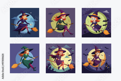 Halloween Witch Riding Broom Vector Illustration - Spooky Flying Witch Design