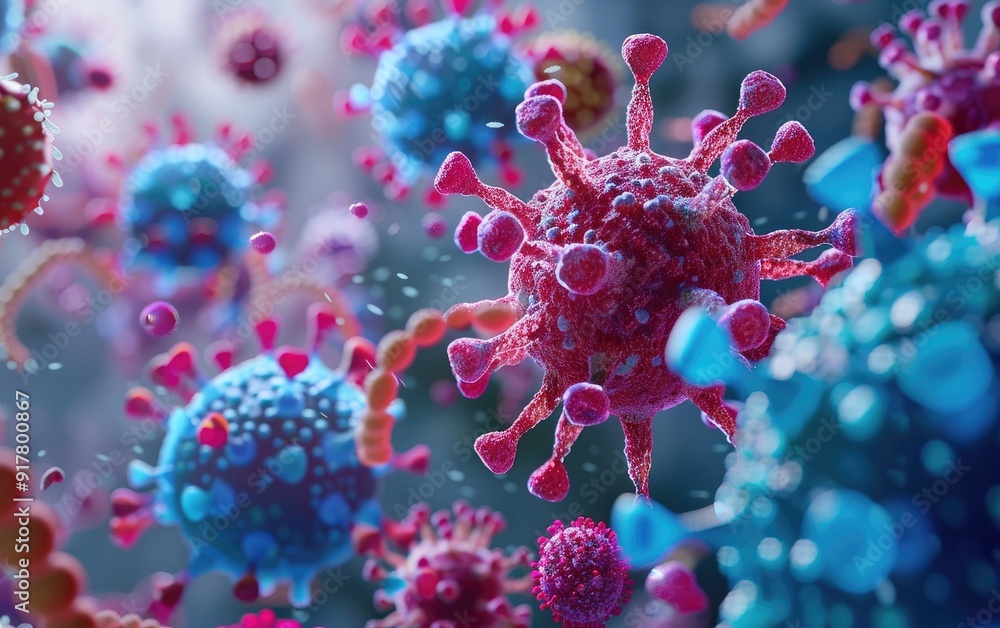 A microscopic view of various viruses, depicted as spheres and spiky shapes in shades of blue and pink, floating in a hazy atmosphere. A microscopic view of various viruses, depicted as spheres and spiky shapes in shades of blue and pink, floating in a hazy atmosphere.