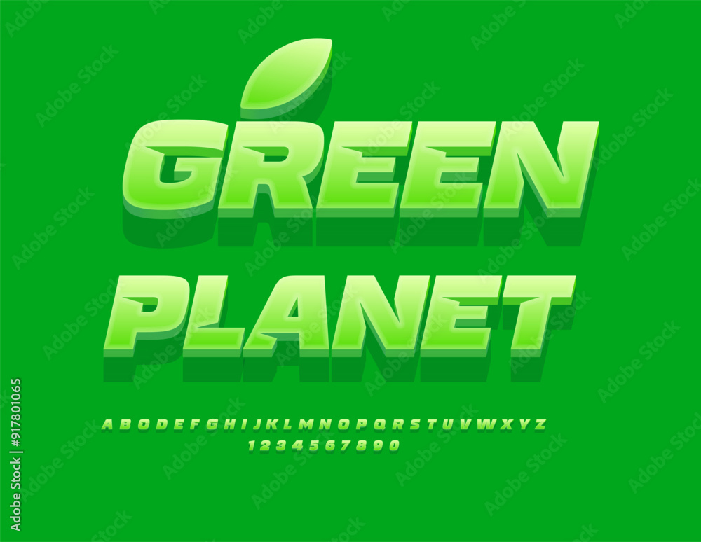 Fototapeta premium Vector ecologic concept Green Planet. Exclusive Green Font. Modern Alphabet Letters and Numbers
