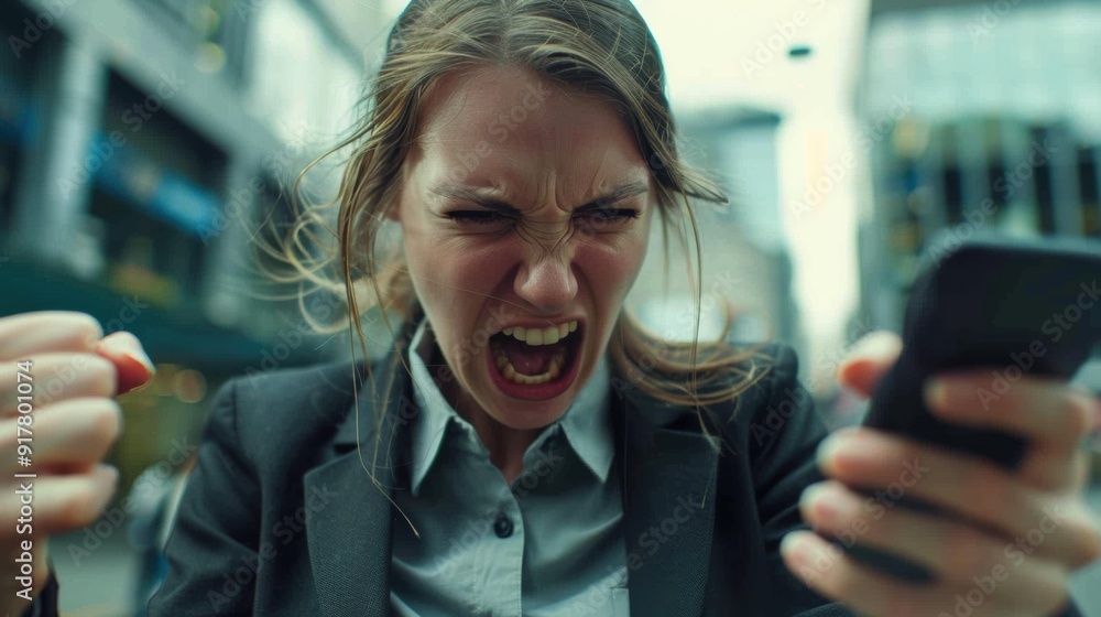 A woman angrily yells at her phone. AI. A woman angrily yells at her phone. AI.