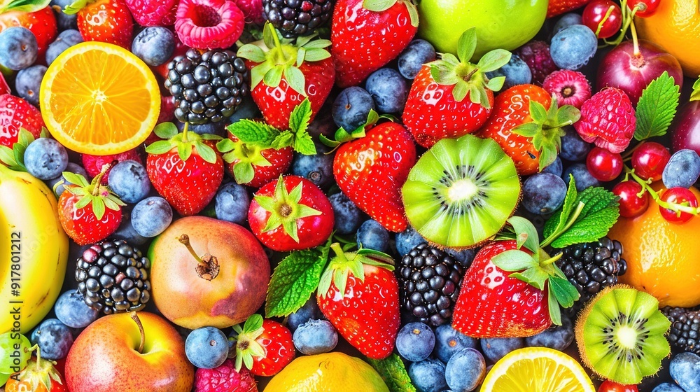 A close-up of various fruits including oranges, strawberries, apples, bananas, and kiwis A close-up of various fruits including oranges, strawberries, apples, bananas, and kiwis