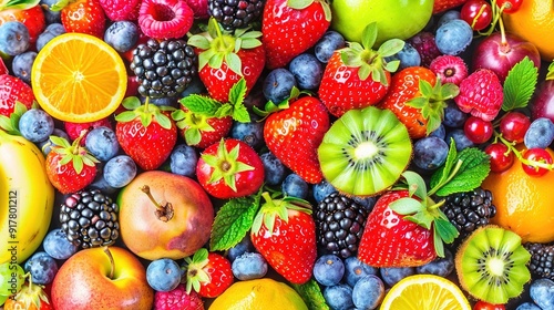  A close-up of various fruits including oranges, strawberries, apples, bananas, and kiwis