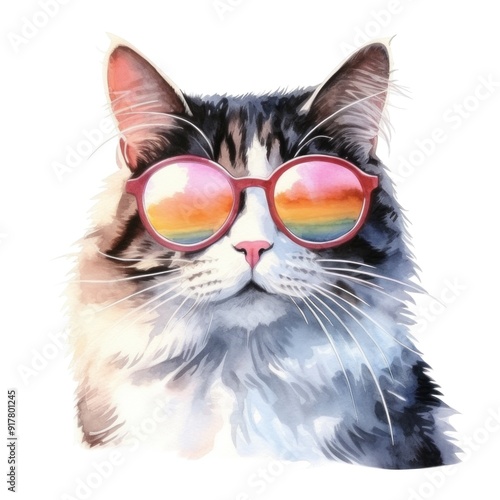 Cool Cat with Rainbow Sunglasses Illustration - Funky and Colorful Cat Art