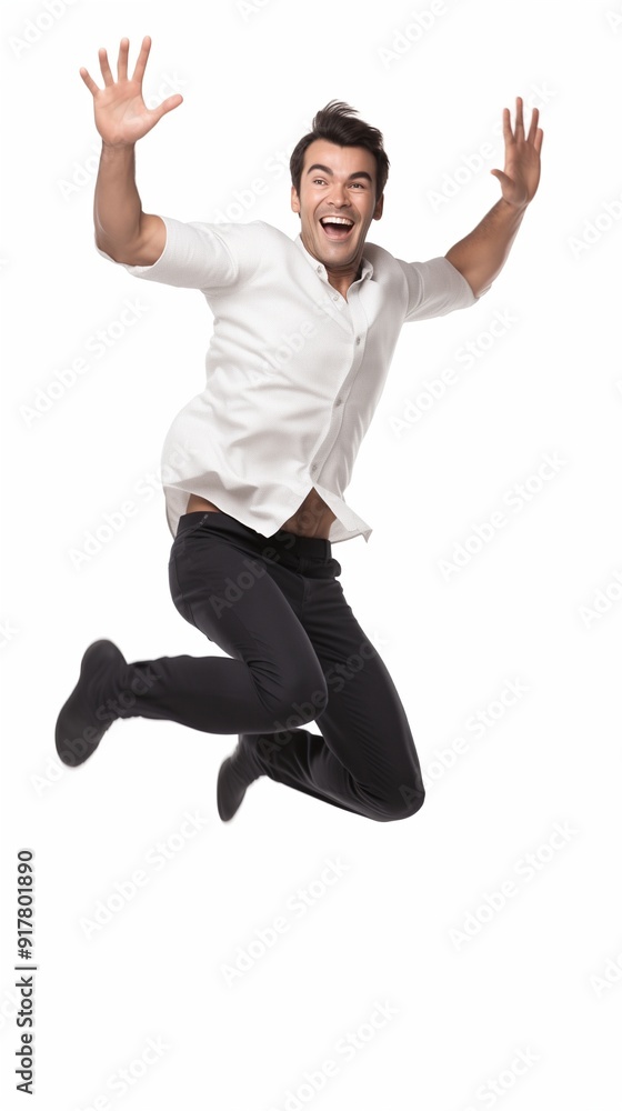 Energetic Young Man Jumping with Joy in Casual Business Attire Energetic Young Man Jumping with Joy in Casual Business Attire
