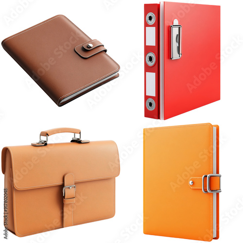 Sleek Leather Wallet and Orange Binder on Transparent Background