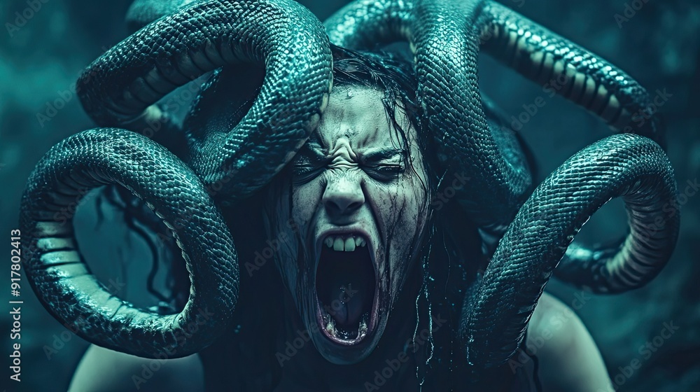 Fototapeta premium A Woman with Snakes Encircling Her Head Screaming in Terror