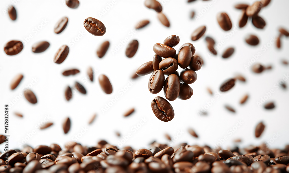 Obraz premium coffee beans are suspended in mid-air, appearing to float or fly against a crisp, white background
