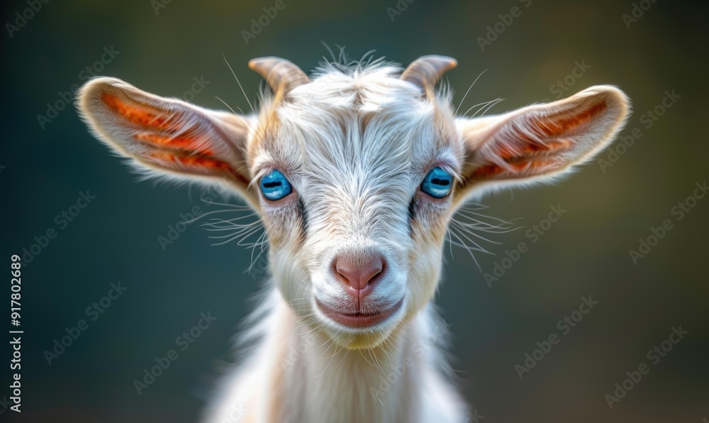 Fototapeta premium A baby goat with bright blue eyes looks directly at the camera. AI.