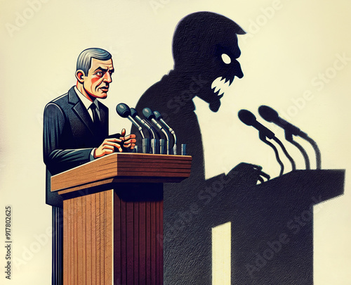 Prime minister giving a speech while the shadow on the wall reveal his evil nature.