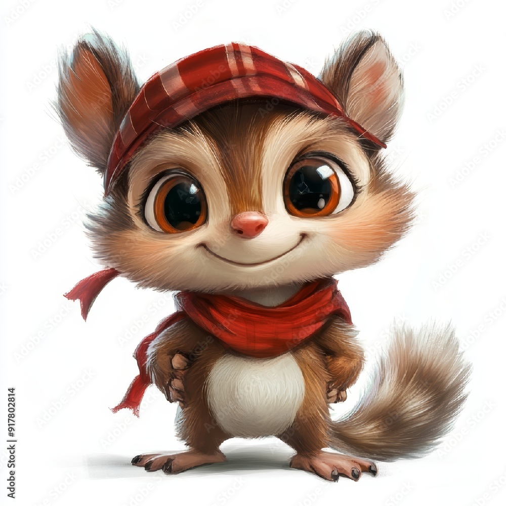 Obraz premium Adorable Cartoon Squirrel in Red Hat and Scarf