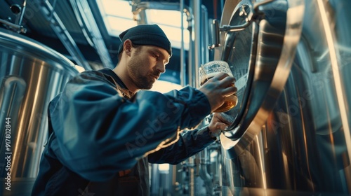 A man in a blue jacket is pouring beer into a glass