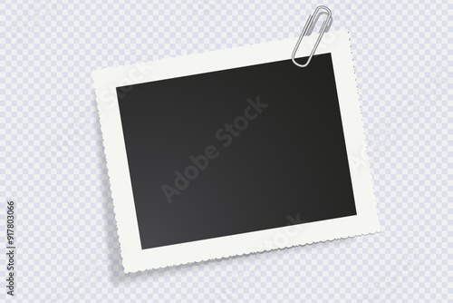 Horizontal empty photo frame with paper clipp with shadow effect. Mockup empty place for your text or photo. Realistic template are waiting to be filled with memories. Vector blank picture frame
